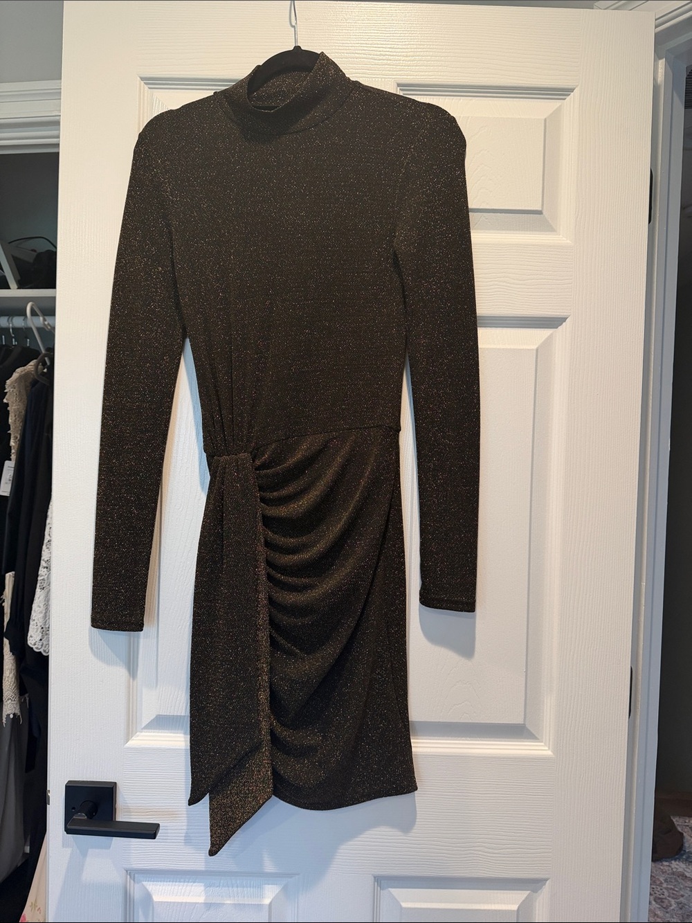 Reformation Sparkle Long-Sleeve Turtleneck Ruched Mini Dress - Black